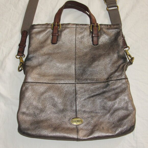 Vintage Fossil Explorer Leather Tote Pewter Foldover Messenger Bag Distressed - Picture 3 of 7
